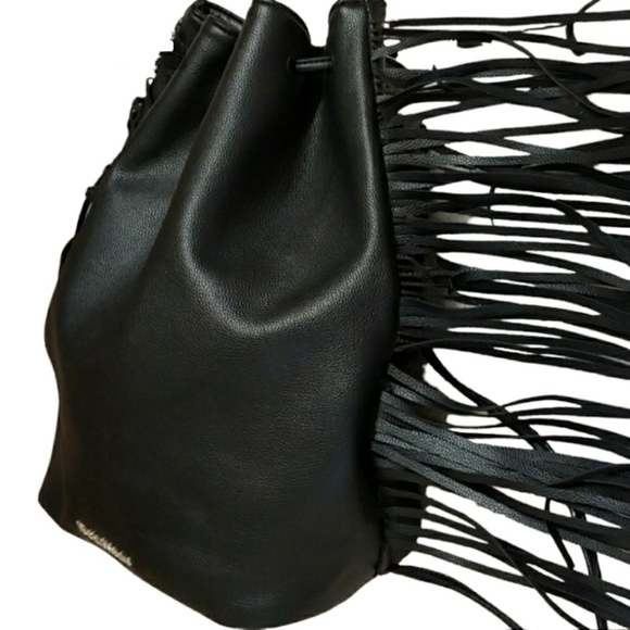 Victoria's Secret Large Black Faux Leather Fringe Drawstring Backpack Tote Purse - Picture 4 of 11
